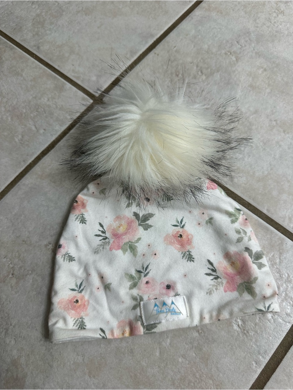 Floral Pom Baby Beanie - White with Pink Flowers